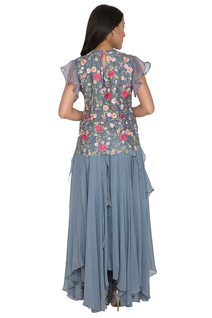 Grey Embroidered Top With Ruffled Skirt by Shalini Dokania at Pernia's Pop Up Shop