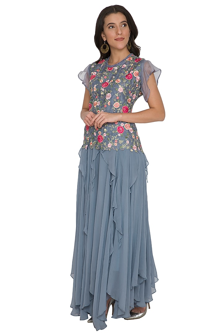 Grey Embroidered Top With Ruffled Skirt by Shalini Dokania at Pernia's Pop Up Shop