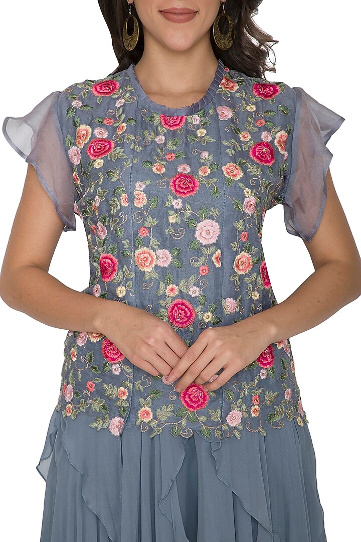 Grey Embroidered Top With Ruffled Skirt by Shalini Dokania at Pernia's Pop Up Shop