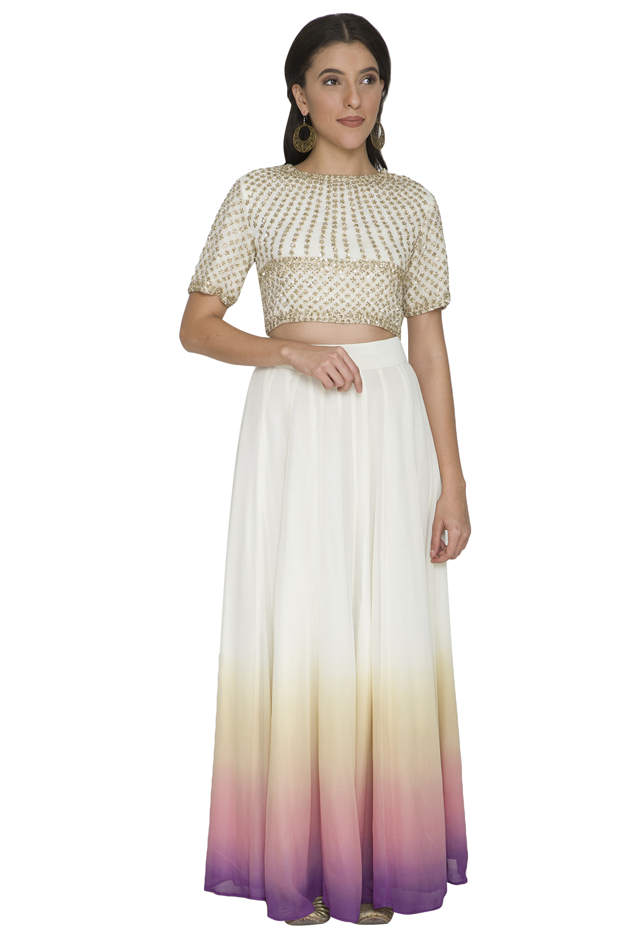White Sequins Embroidered Crop Top With Shaded Skirt by Shalini Dokania at Pernia's Pop Up Shop