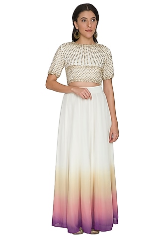 White Sequins Embroidered Crop Top With Shaded Skirt by Shalini Dokania