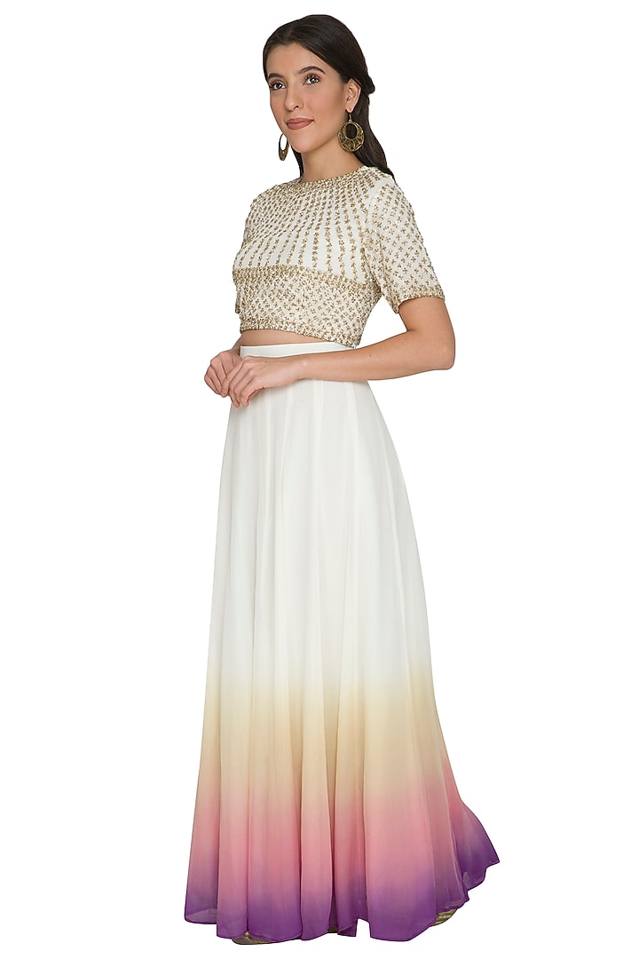 White Sequins Embroidered Crop Top With Shaded Skirt by Shalini Dokania at Pernia's Pop Up Shop