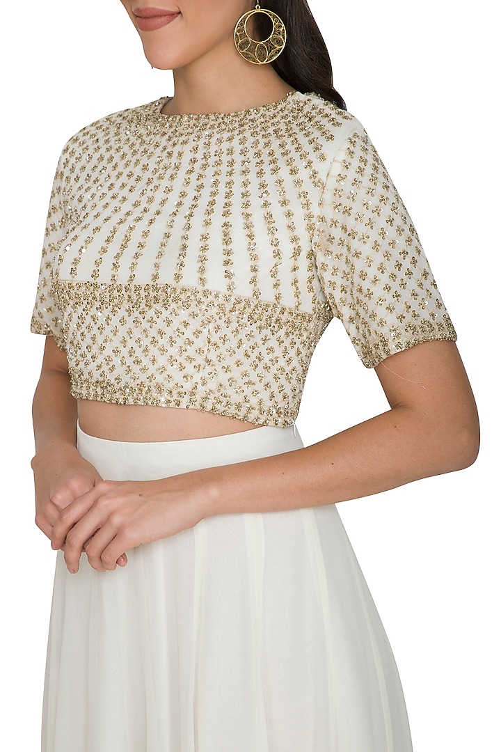 White Sequins Embroidered Crop Top With Shaded Skirt by Shalini Dokania at Pernia's Pop Up Shop