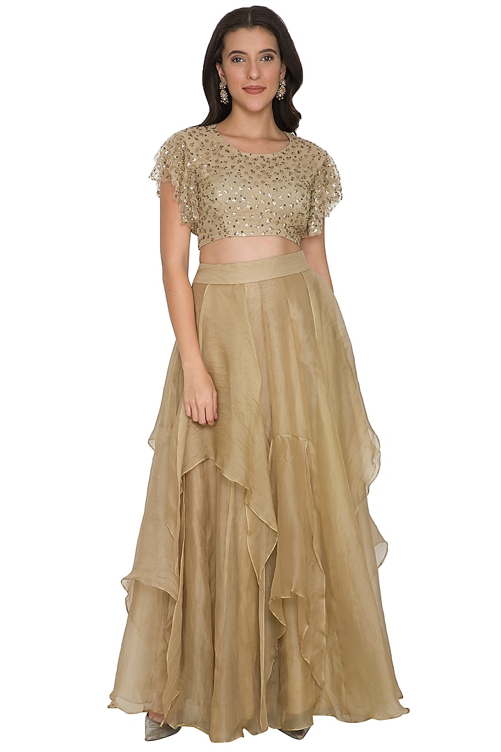 Gold Embroidered Crop Top With Ruffled Skirt by Shalini Dokania