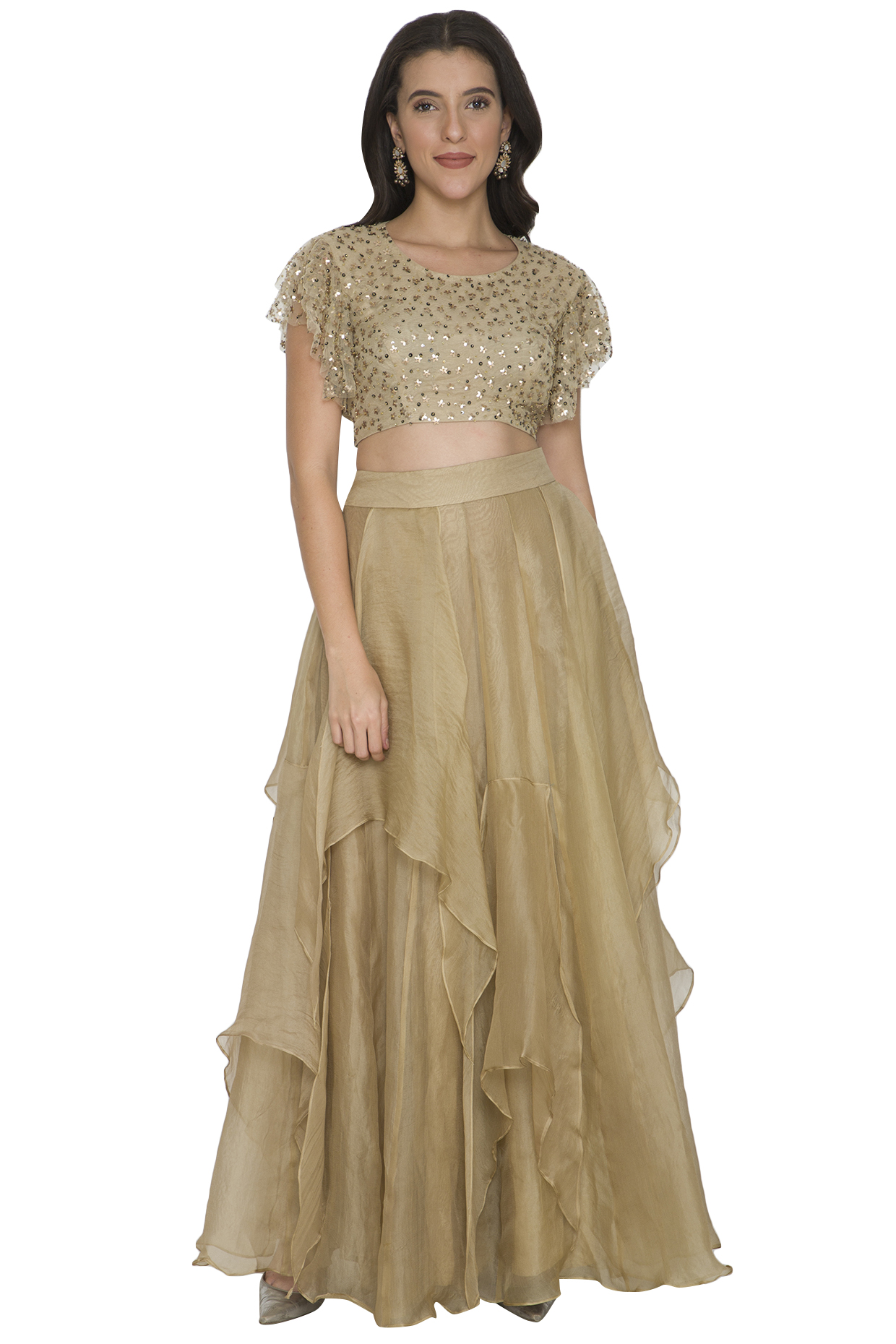 Gold Embroidered Crop Top With Ruffled Skirt by Shalini Dokania at Pernia's Pop Up Shop