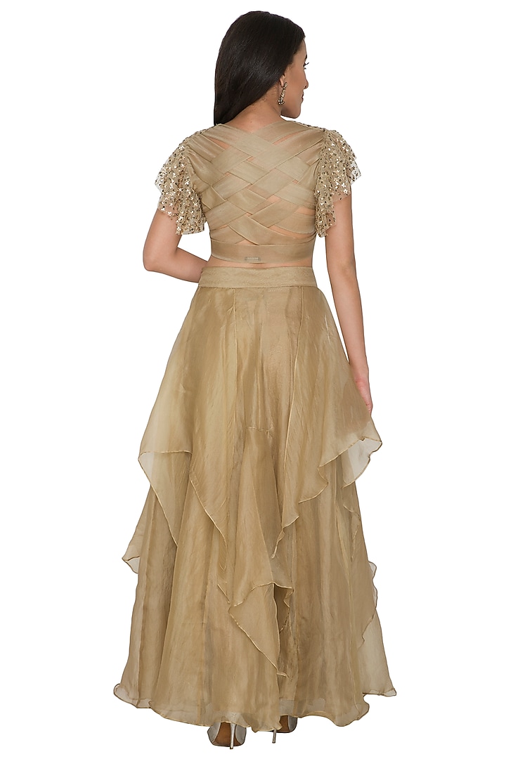 Gold Embroidered Crop Top With Ruffled Skirt by Shalini Dokania at Pernia's Pop Up Shop