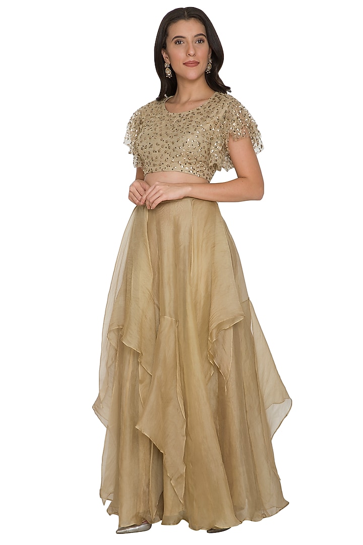 Gold Embroidered Crop Top With Ruffled Skirt by Shalini Dokania at Pernia's Pop Up Shop