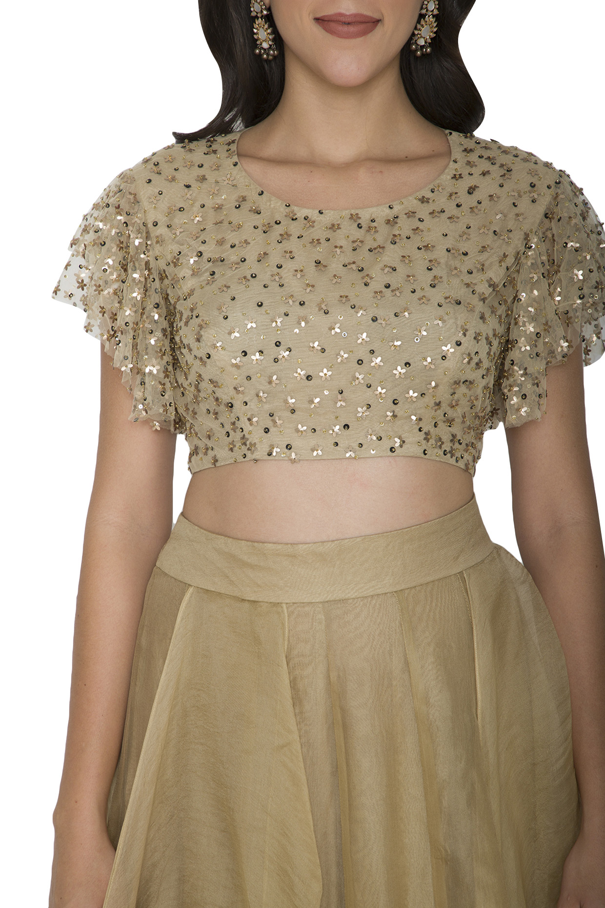 golden crop top with long skirt