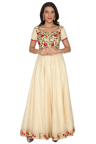 Beige Embroidered Blouse With Skirt by Shalini Dokania