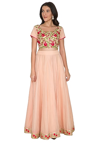 Blush Pink Embroidered Blouse With Skirt by Shalini Dokania