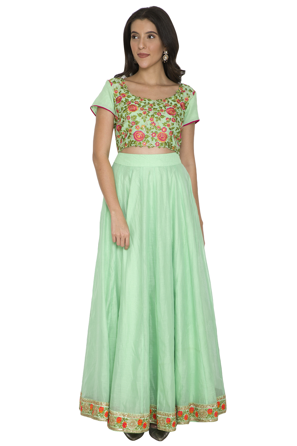 Mint Green Embroidered Blouse With Skirt by Shalini Dokania at Pernia's Pop Up Shop