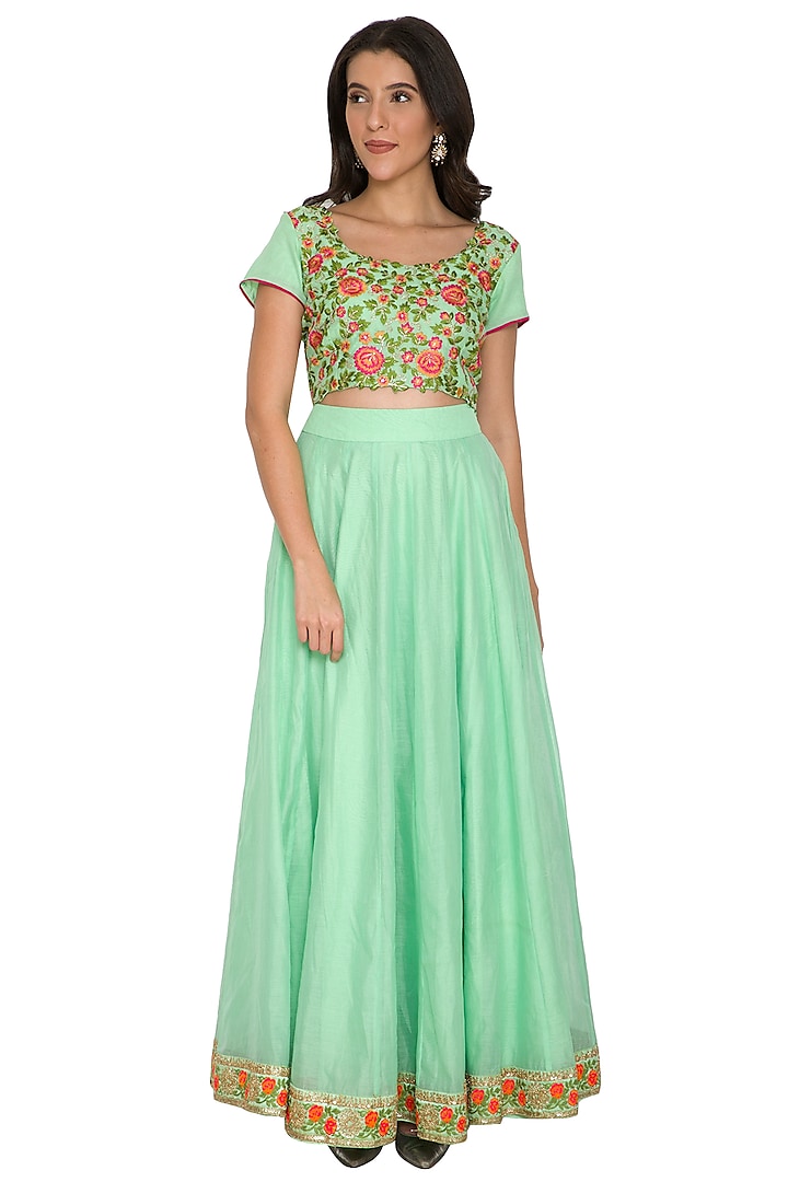Mint Green Embroidered Blouse With Skirt by Shalini Dokania