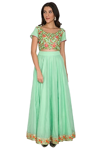 Mint Green Embroidered Blouse With Skirt by Shalini Dokania