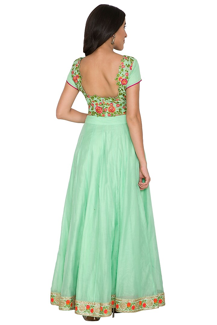 Mint Green Embroidered Blouse With Skirt by Shalini Dokania at Pernia's Pop Up Shop