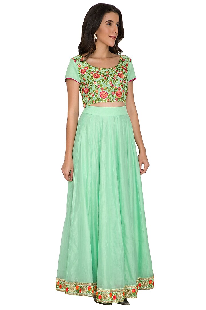 Mint Green Embroidered Blouse With Skirt by Shalini Dokania at Pernia's Pop Up Shop