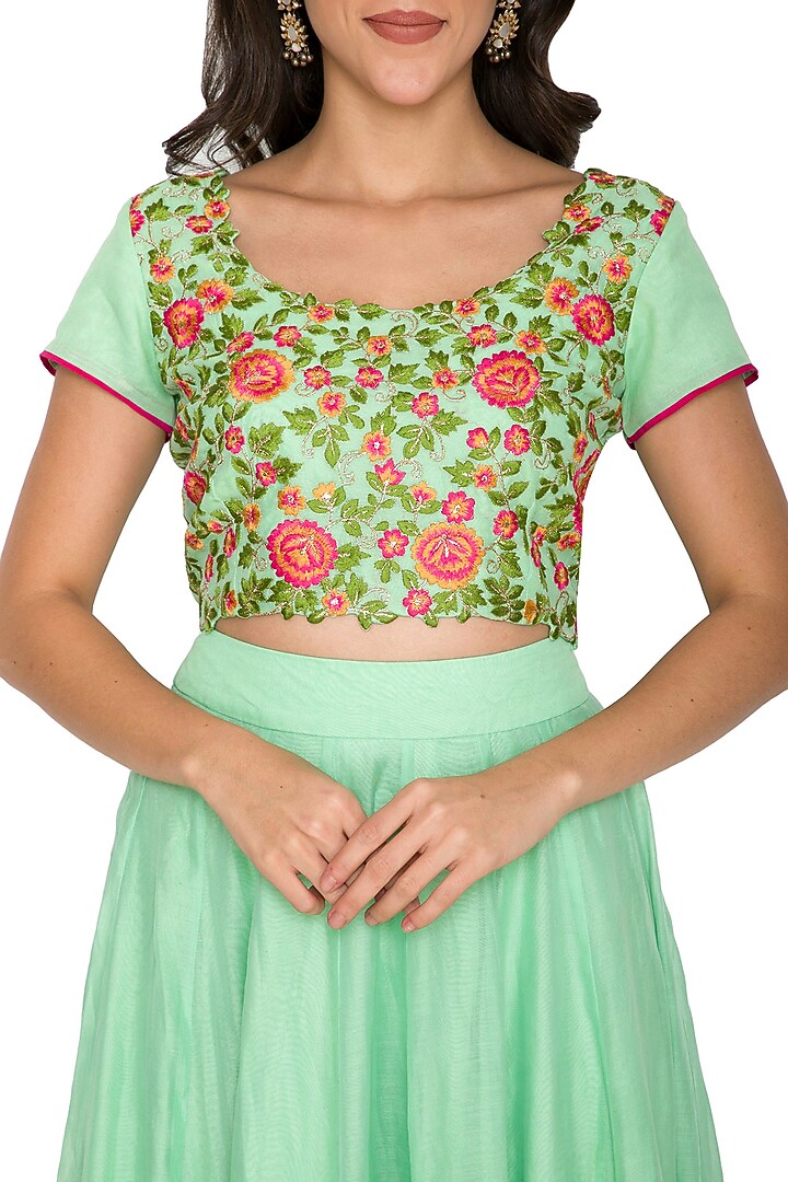 Mint Green Embroidered Blouse With Skirt by Shalini Dokania at Pernia's Pop Up Shop