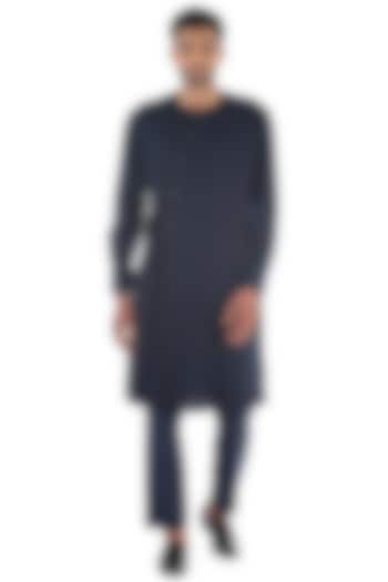 Navy Blue Draped Cotton Kurta by Sadan Pande Men at Pernia's Pop Up Shop