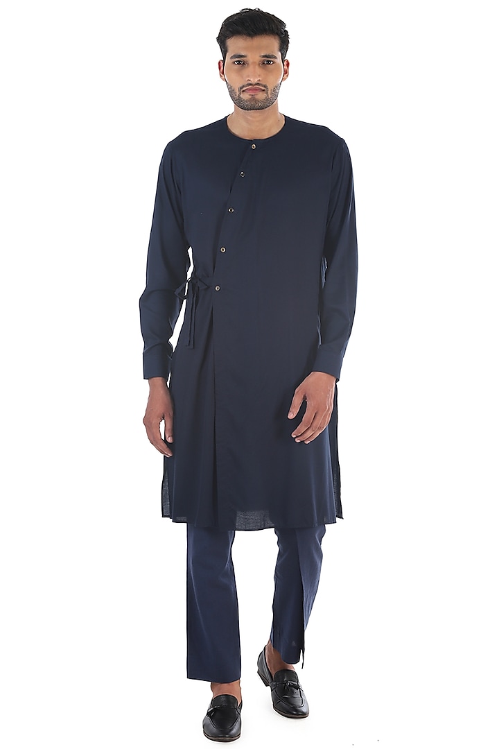 Navy Blue Draped Cotton Kurta by Sadan Pande Men at Pernia's Pop Up Shop