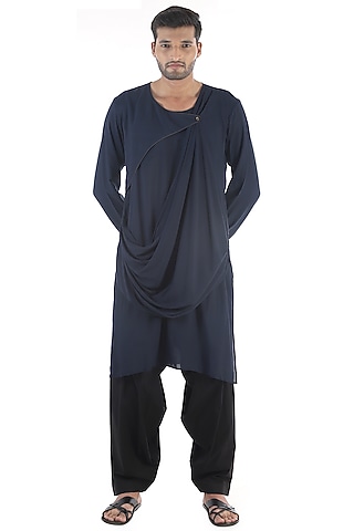 Navy Blue Draped Cotton Kurta by Sadan Pande Men