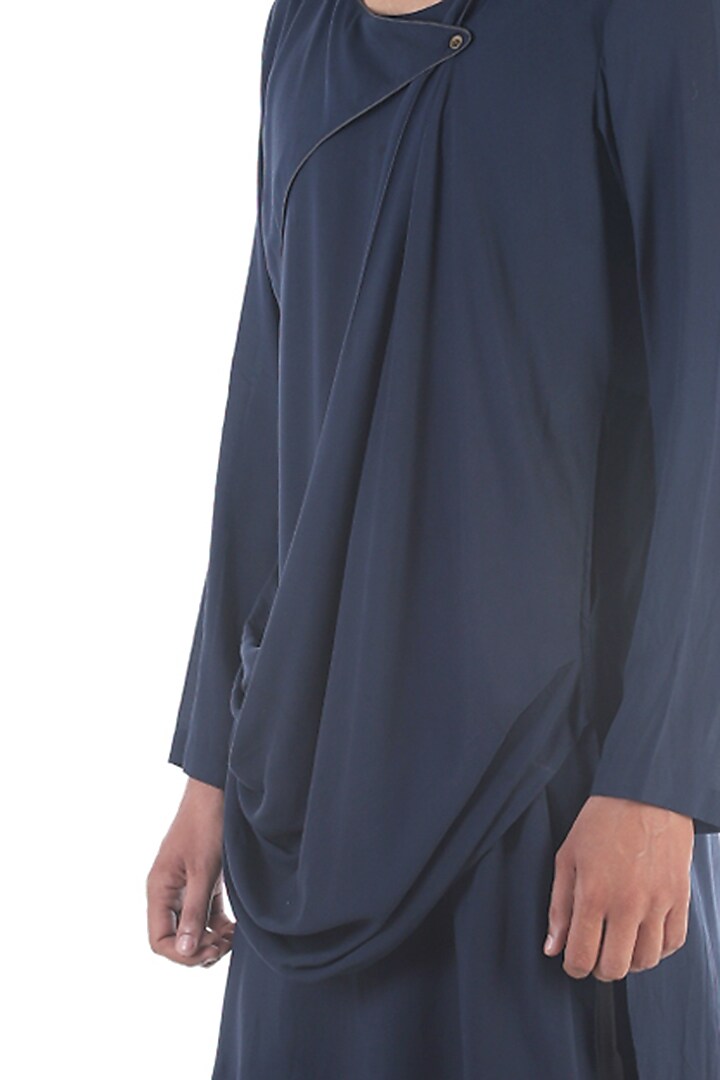 Navy Blue Draped Cotton Kurta by Sadan Pande Men at Pernia's Pop Up Shop