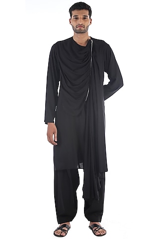 Black Cowl Draped Kurta by Sadan Pande Men