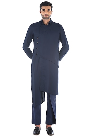 Navy Blue Draped Kurta  by Sadan Pande Men