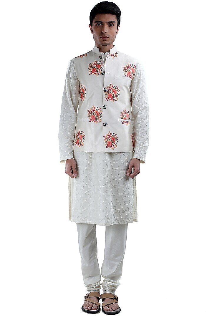 White Hand Embroidered Jacket by Sadan Pande Men