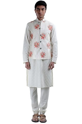 White Hand Embroidered Jacket by Sadan Pande Men