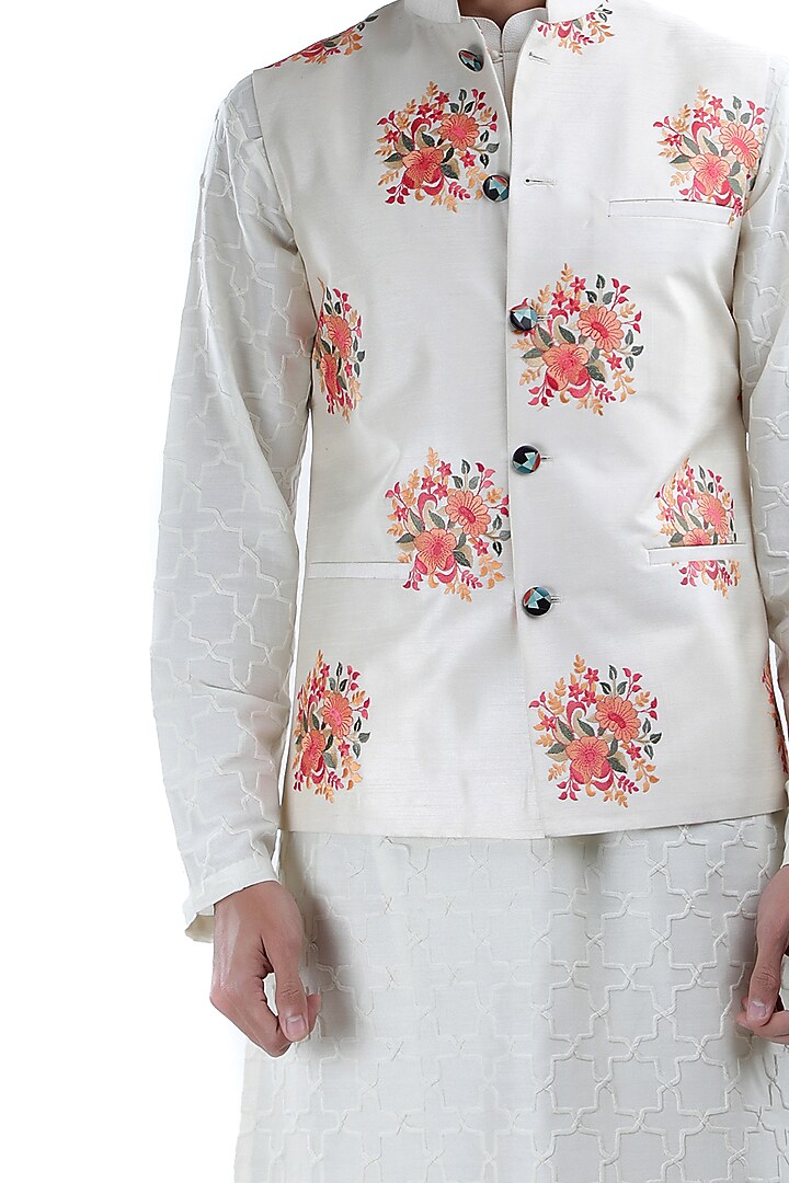 White Hand Embroidered Jacket by Sadan Pande Men at Pernia's Pop Up Shop