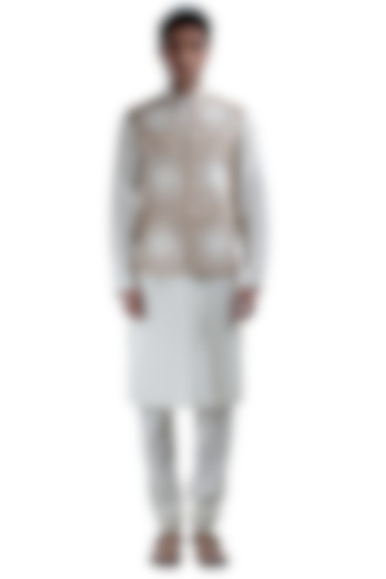 White Thread Embroidered Jacket by Sadan Pande Men