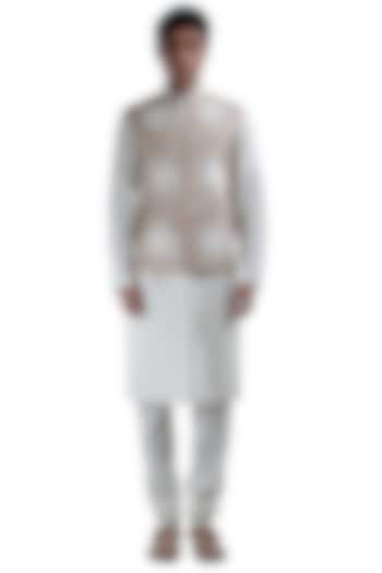 White Thread Embroidered Jacket by Sadan Pande Men