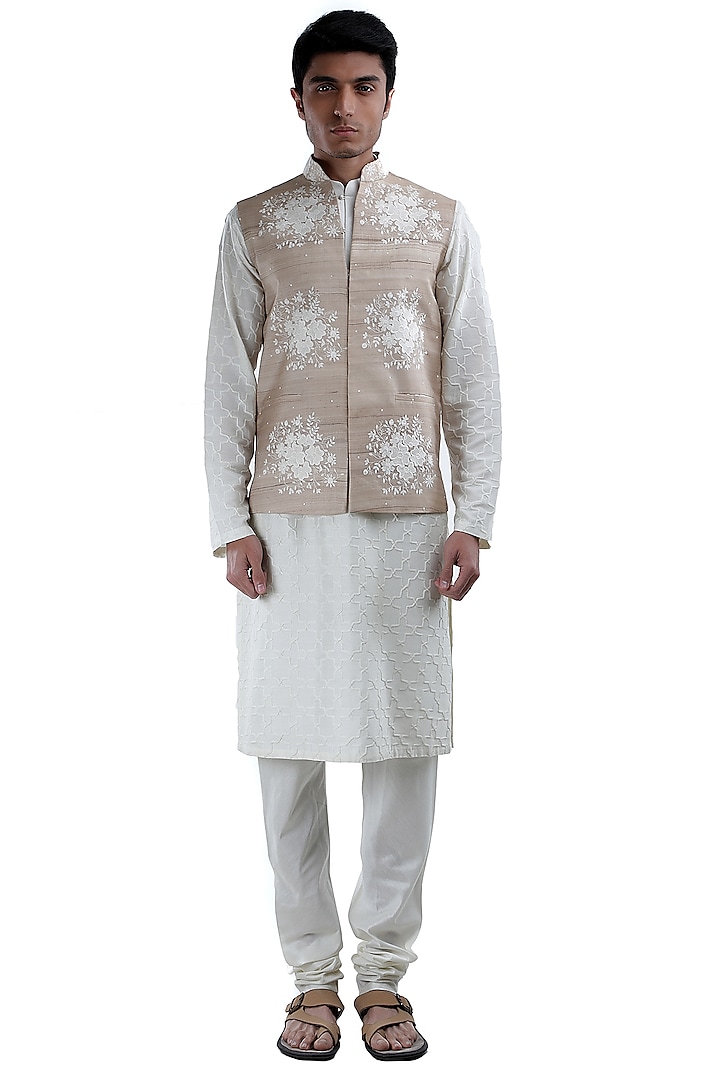 White Thread Embroidered Jacket by Sadan Pande Men