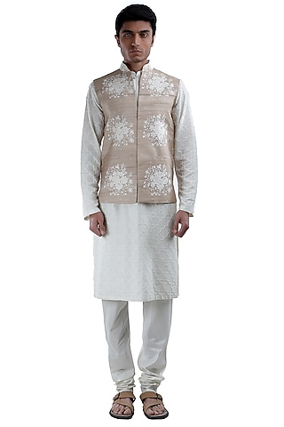White Thread Embroidered Jacket by Sadan Pande Men