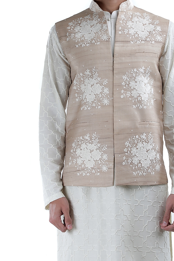 White Thread Embroidered Jacket by Sadan Pande Men at Pernia's Pop Up Shop
