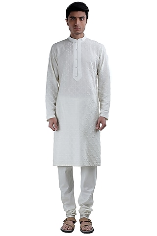 White Embroidered Kurta Set by Sadan Pande Men