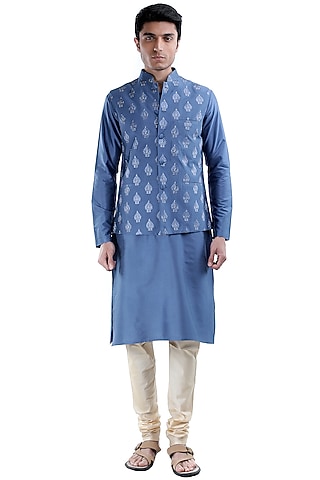 Blue Kurta Set With White Jacket by Sadan Pande Men