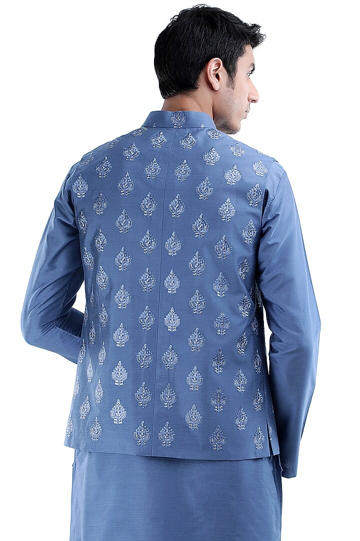 Blue Kurta Set With White Jacket by Sadan Pande Men at Pernia's Pop Up Shop