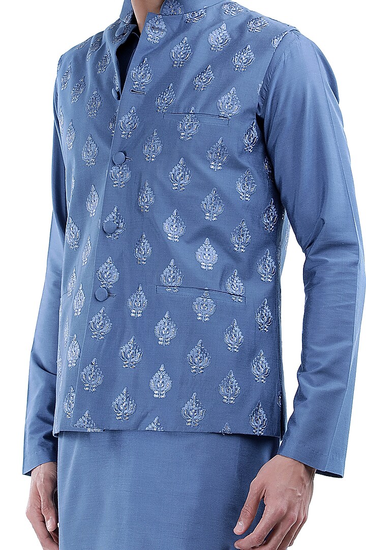 Blue Kurta Set With White Jacket by Sadan Pande Men at Pernia's Pop Up Shop