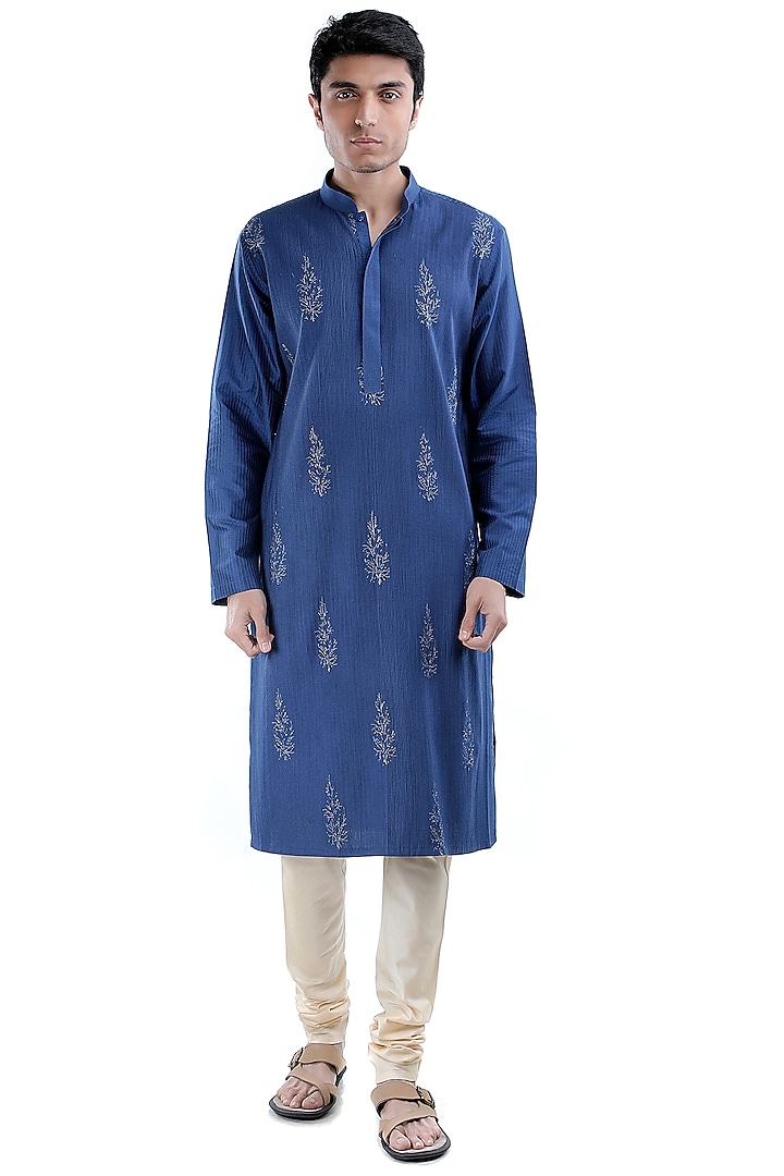 Blue Embroidered Kurta Set by Sadan Pande Men