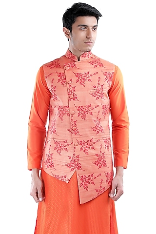 Red Embroidered Asymmetric Jacket by Sadan Pande Men