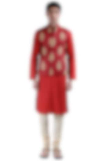 Red Embroidered Jamawar Jacket by Sadan Pande Men