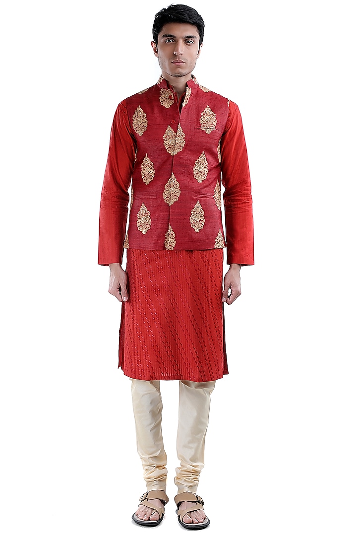 Red Embroidered Jamawar Jacket by Sadan Pande Men