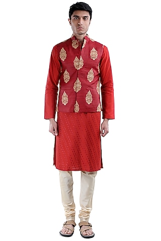 Red Embroidered Jamawar Jacket by Sadan Pande Men