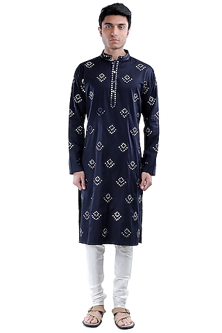 Blue Thread Embroidered Kurta Set by Sadan Pande Men