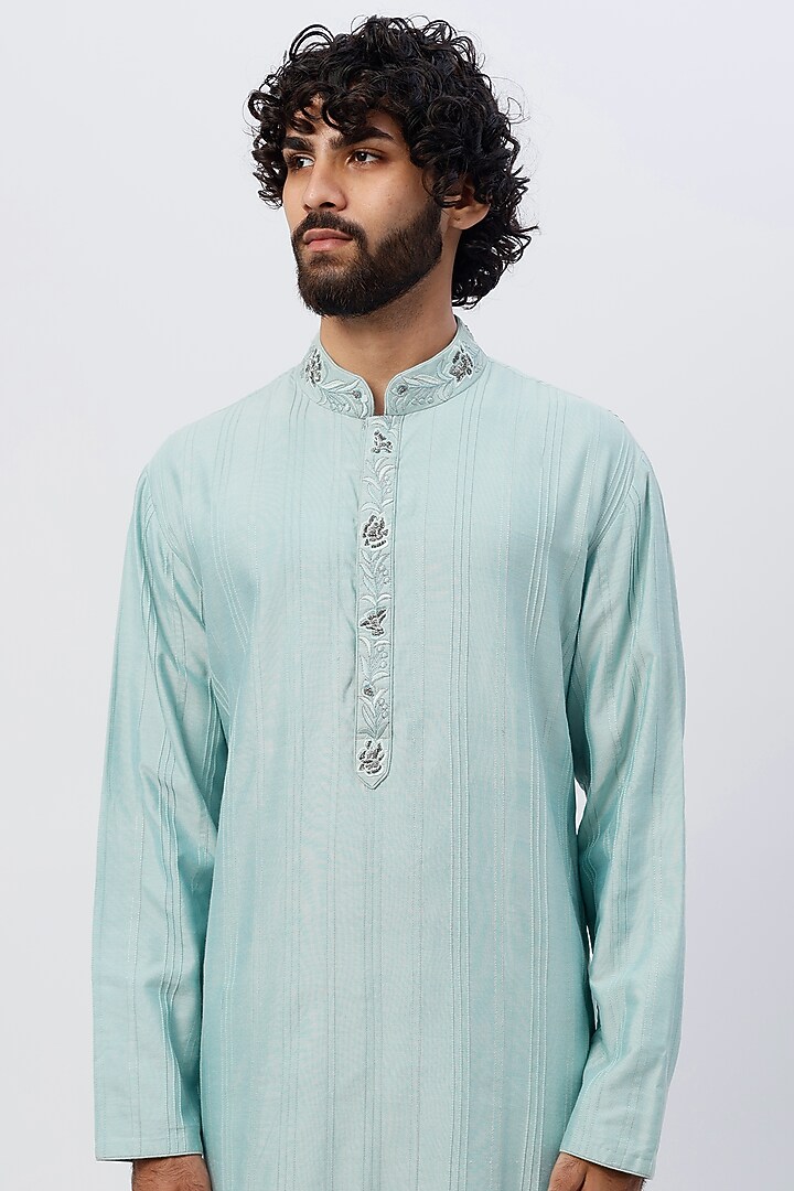 Pale Blue Embroidered Kurta by SHIRRIN DESIGN CO. MEN at Pernia's Pop Up Shop