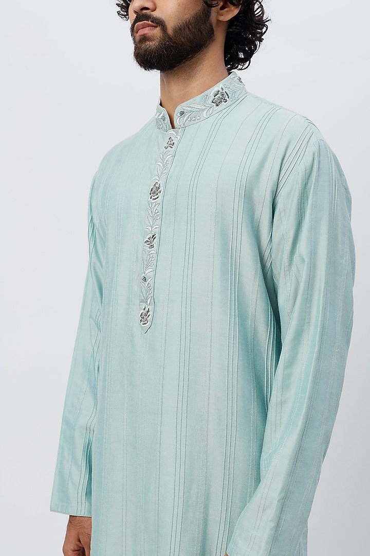 Pale Blue Embroidered Kurta by SHIRRIN DESIGN CO. MEN at Pernia's Pop Up Shop