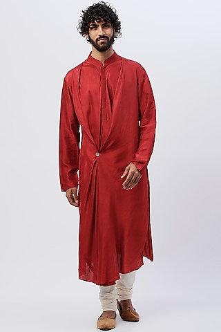 Maroon Cotton Draped Kurta by SHIRRIN DESIGN CO. MEN