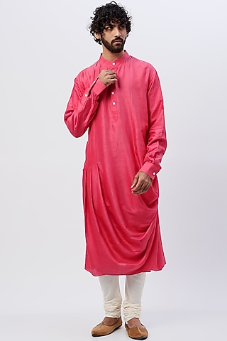 Deep Pink Cotton Draped Kurta by SHIRRIN DESIGN CO. MEN