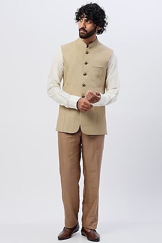Beige Poly Bundi Jacket With Pant Set by SHIRRIN DESIGN CO. MEN