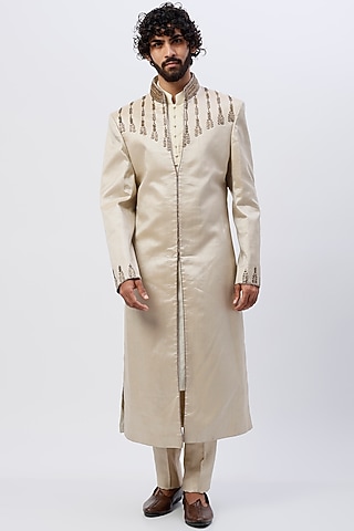 Beige Cotton Silk Zardosi Embroidered Sherwani Set by SHIRRIN DESIGN CO. MEN